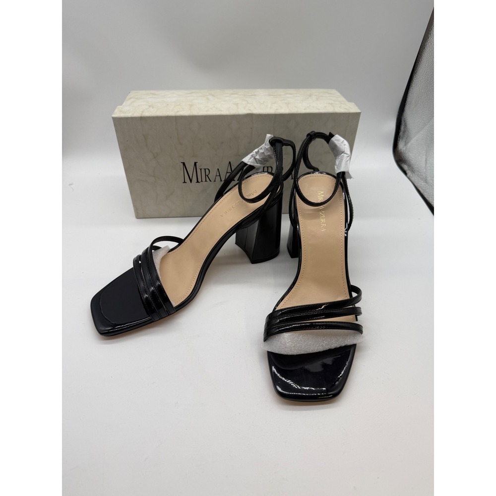 Mira Azzurra sz 9 Black Patent Leather Strappy Block Heel Sandals Square Toe